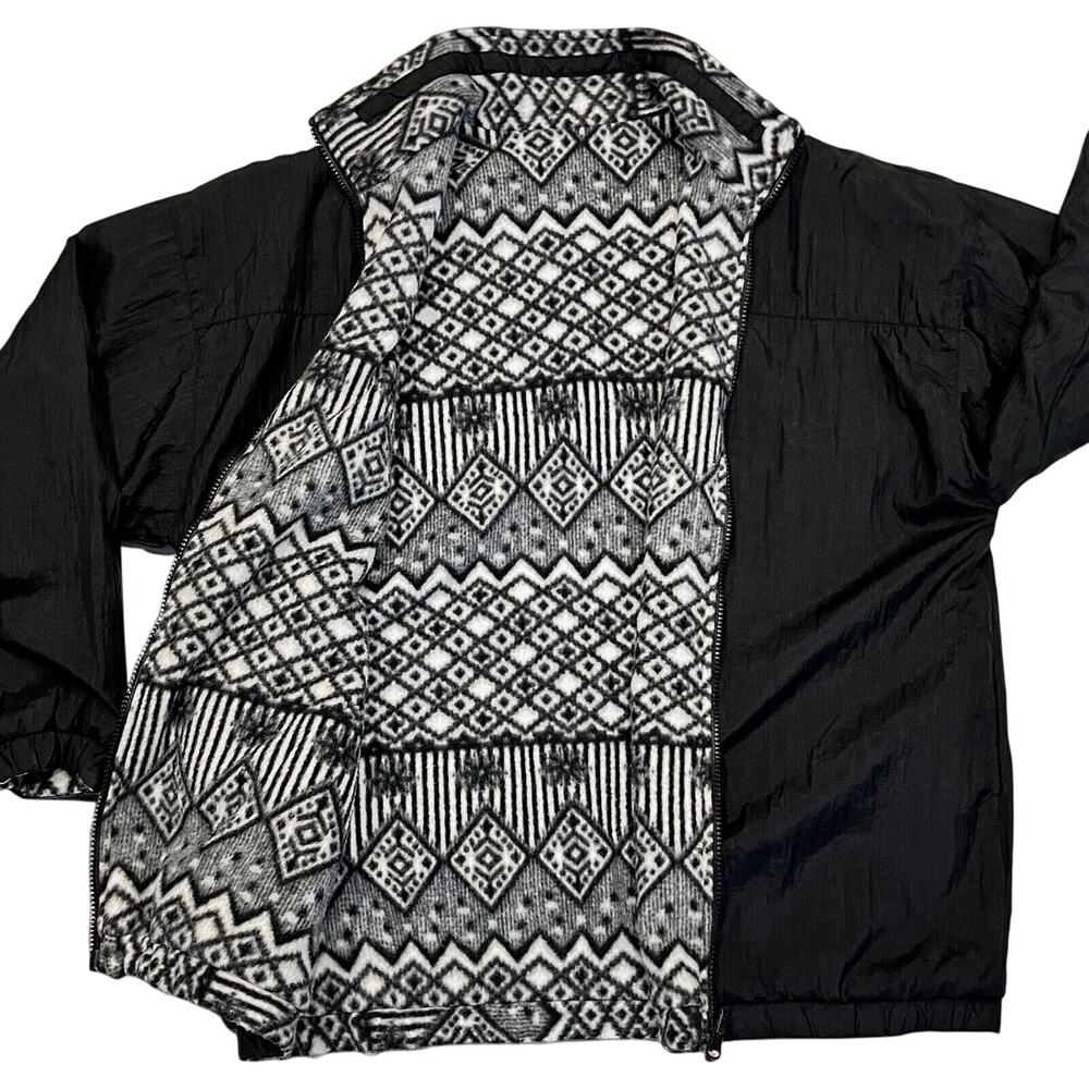 Vtg Womens Reversible Aztec Fleece Nylon‎ Jacket Medium Black White Winter Ski